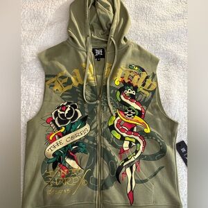 NWT Ed Hardy sleeveless Olive Zip-Up Hoodie with Gold Accents and design size M